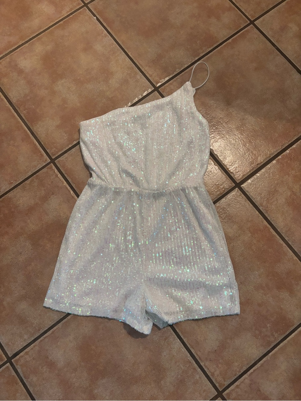 Women's One-Shoulder Iridescent White Sequin Romper